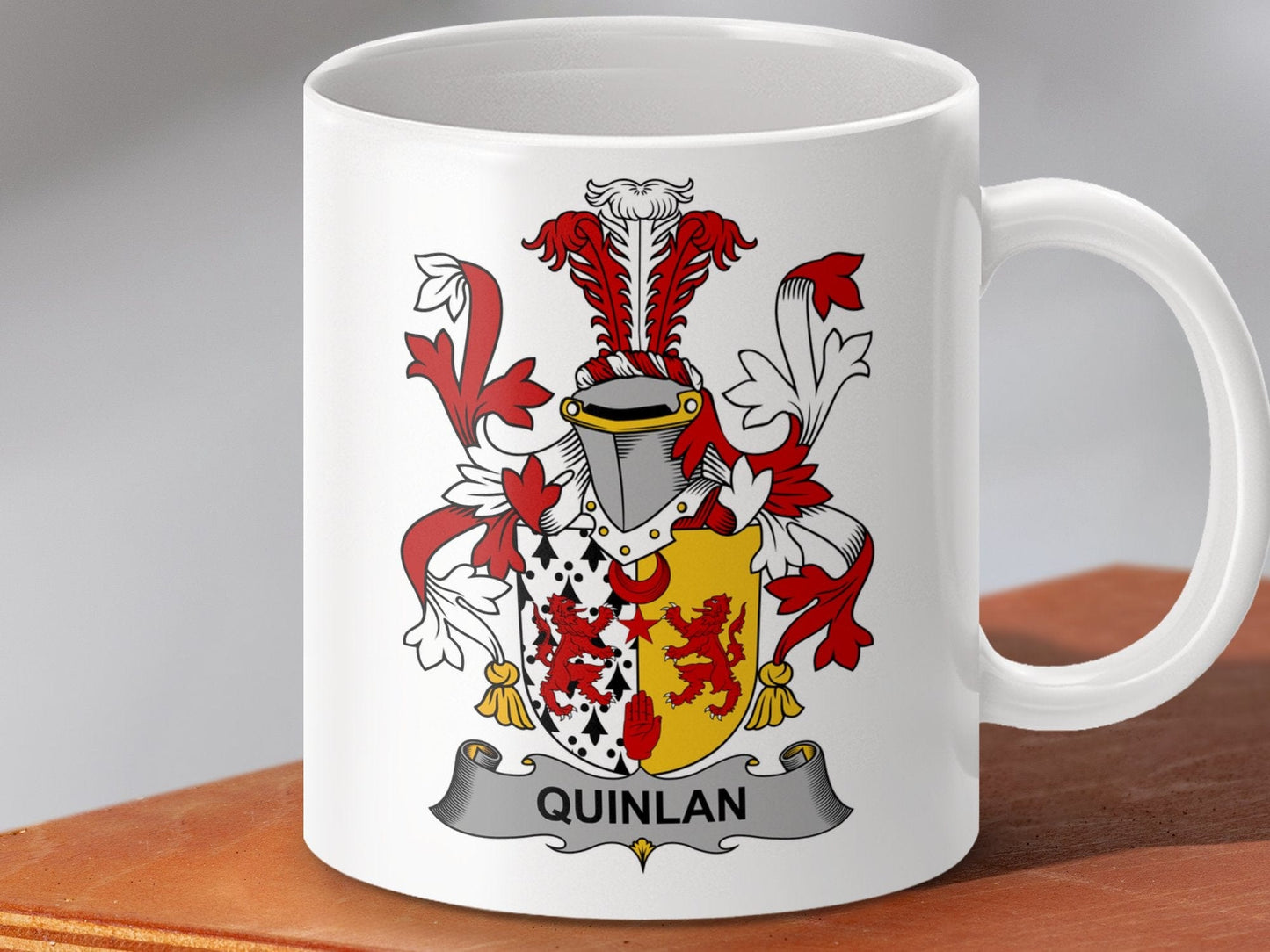 Physical Item 11oz / White Quinlan Irish Surname Coat of Arms Crest Heraldry mug