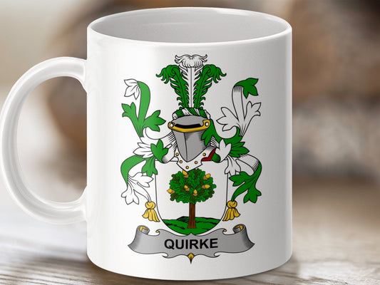 Physical Item 11oz / White Quirke Surname Irish Heraldry Ceramic Mug