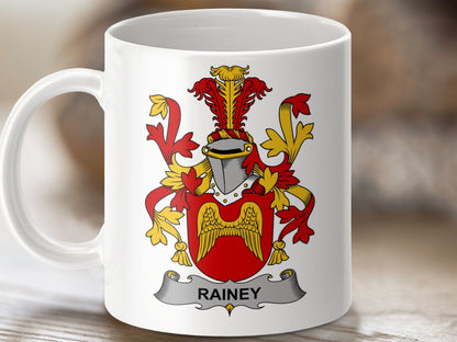 Physical Item 11oz / White Rainey Surname Irish Heraldry Ceramic Mug