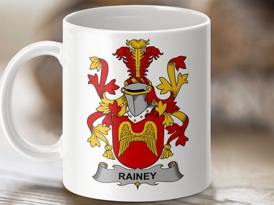 Physical Item 11oz / White Rainey Surname Irish Heraldry Ceramic Mug