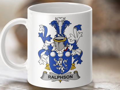 Physical Item 11oz / White Ralphson Surname Irish Heraldry Coat of Arms Mug