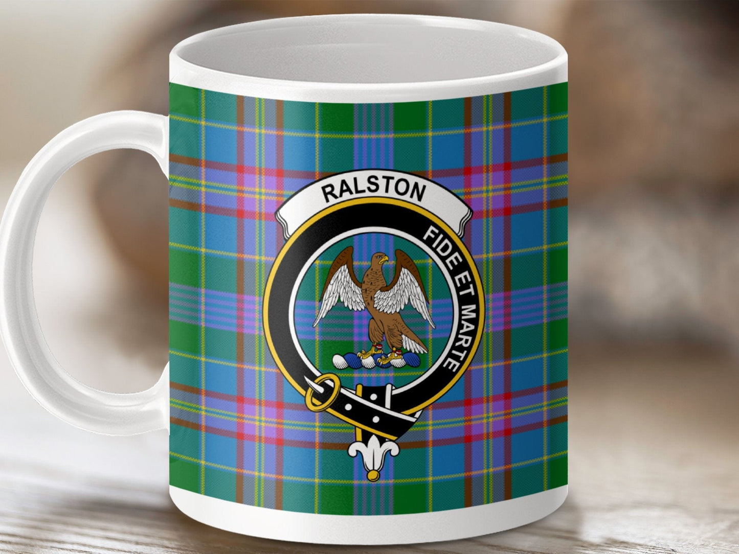 Physical Item 11oz / White Ralston Clan Crest Tartan Scottish Mug