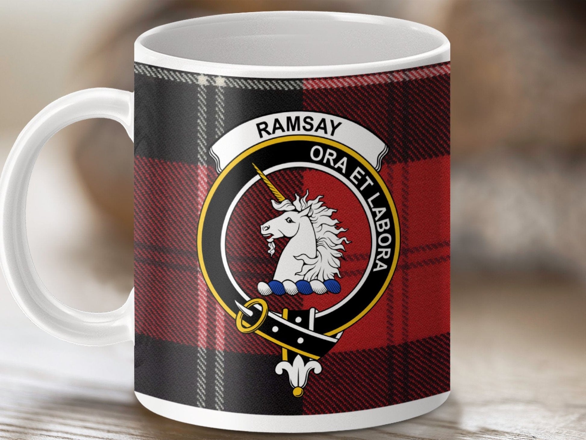 Physical Item 11oz / White Ramsay Clan Crest Tartan Scottish Mug