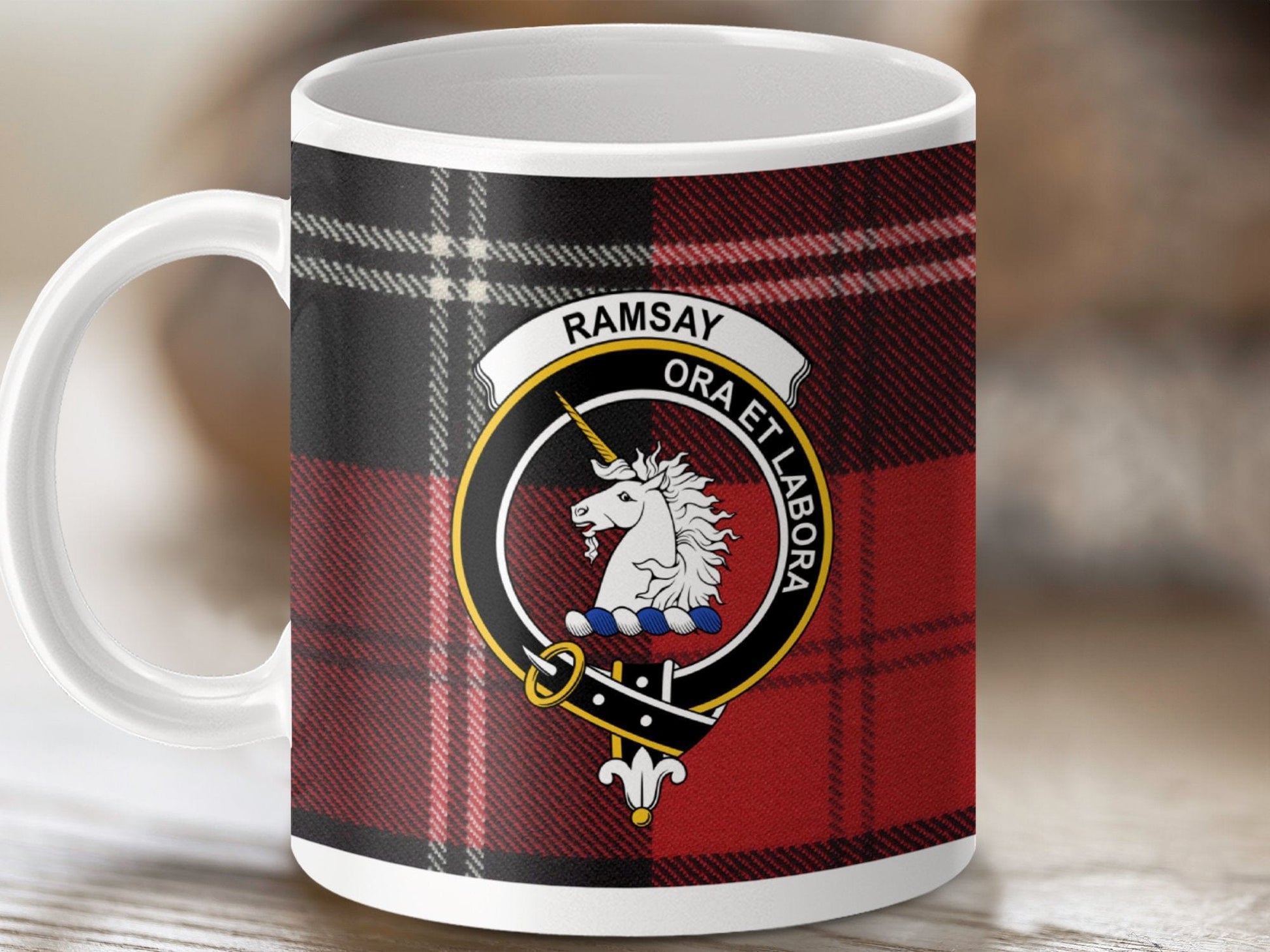 Physical Item 11oz / White Ramsay Clan Crest Tartan Scottish Mug