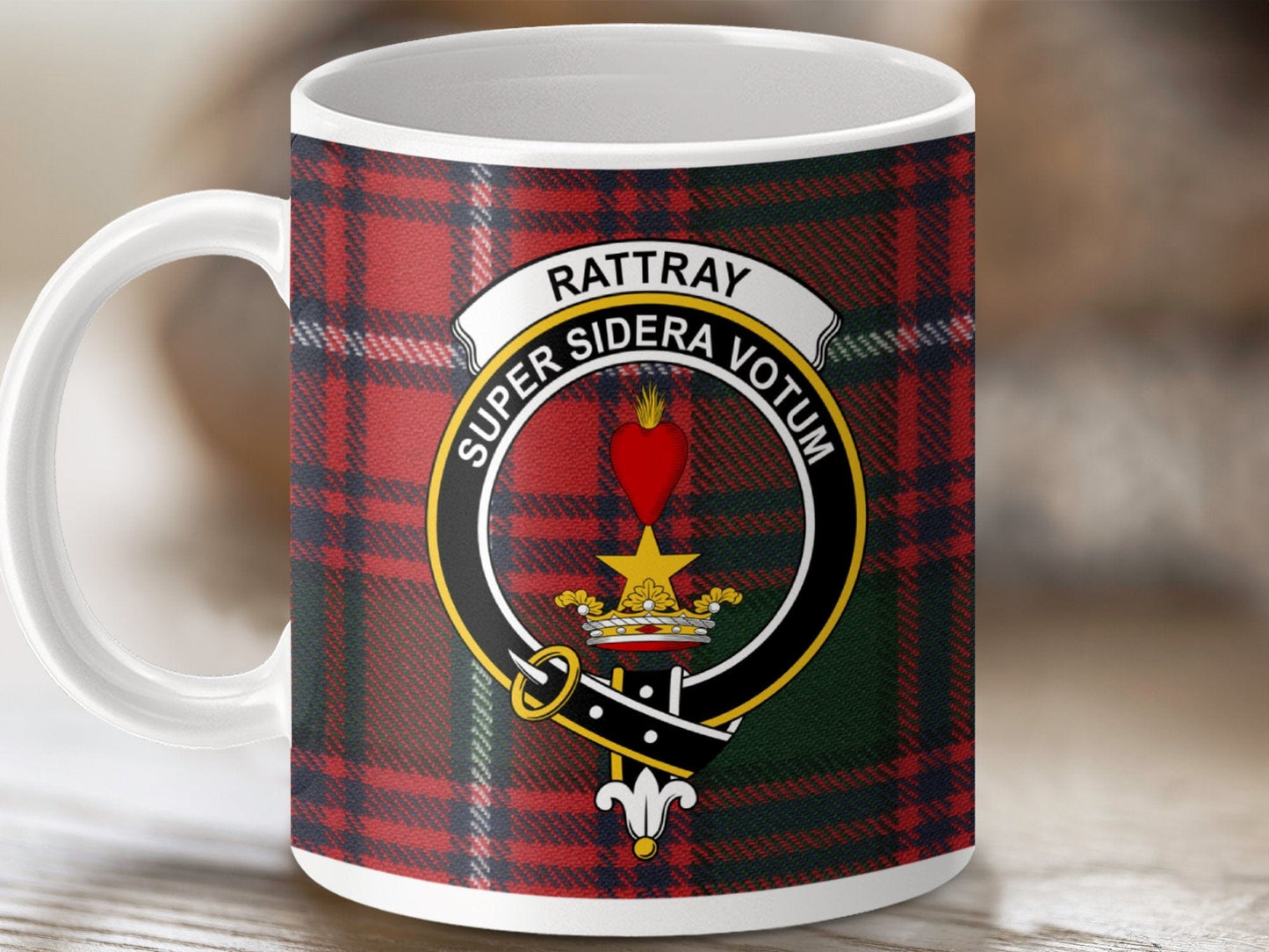 Physical Item 11oz / White Rattray Clan Crest Tartan Scottish Mug