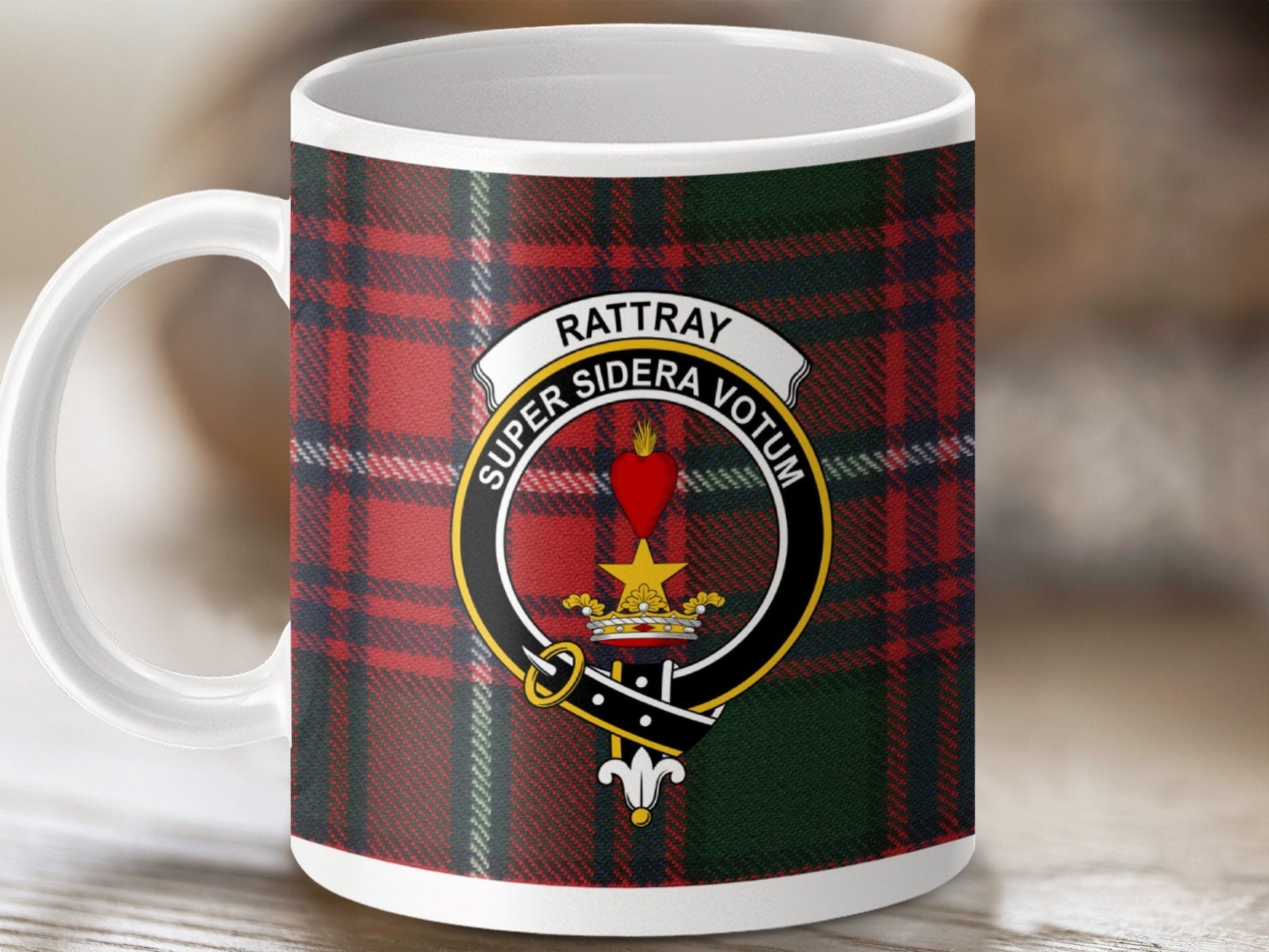 Physical Item 11oz / White Rattray Clan Crest Tartan Scottish Mug