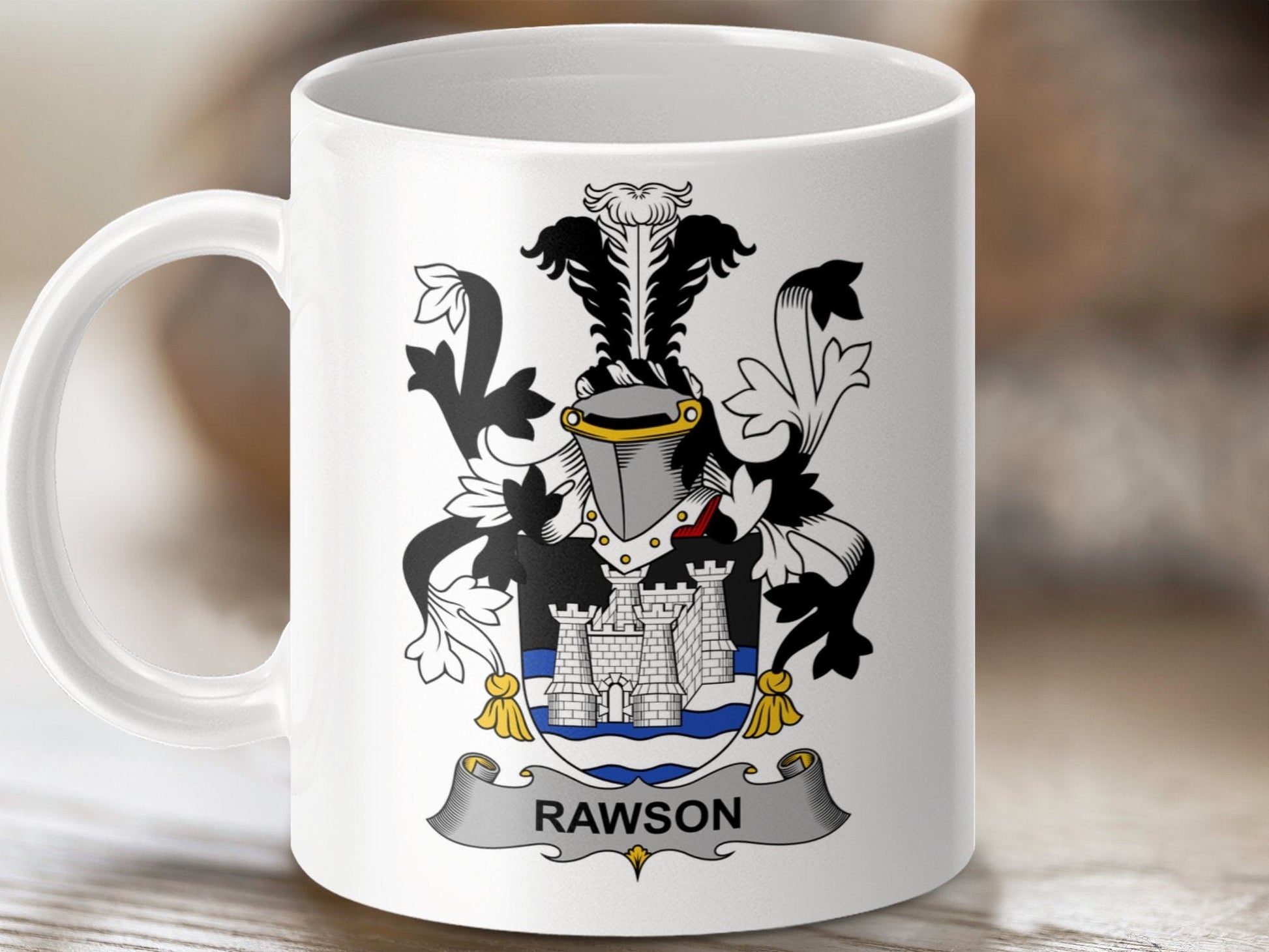 Physical Item 11oz / White Rawson Surname Irish Heraldry Ceramic Mug