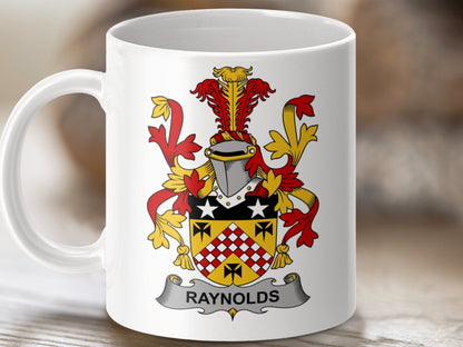 Physical Item 11oz / White Raynolds Surname Irish Heraldry Ceramic Mug