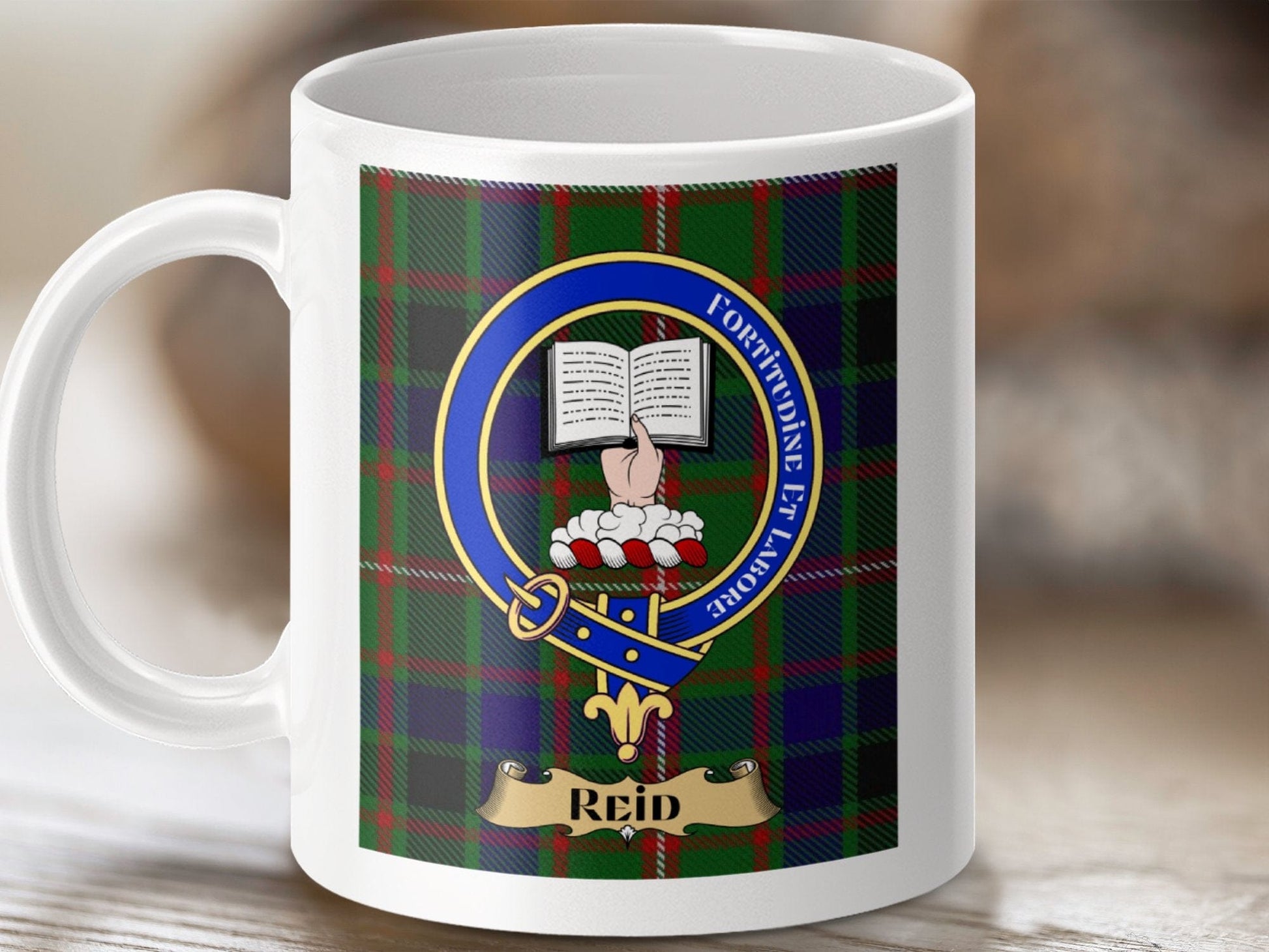 Physical Item 11oz / White Reid Clan Scottish Tartan Crest Mug