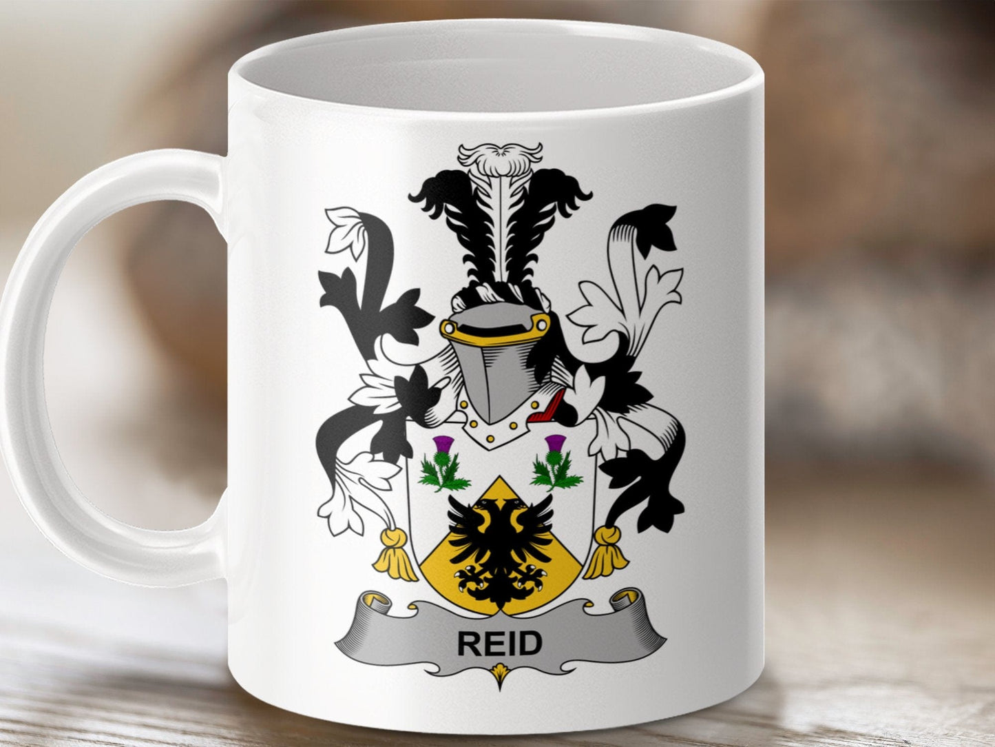 Physical Item 11oz / White Reid Surname Irish Heraldry Ceramic Mug