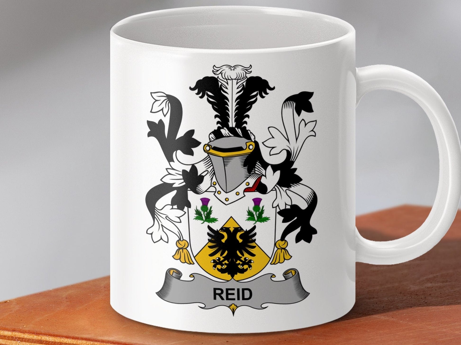 Physical Item 11oz / White Reid Surname Irish Heraldry Ceramic Mug