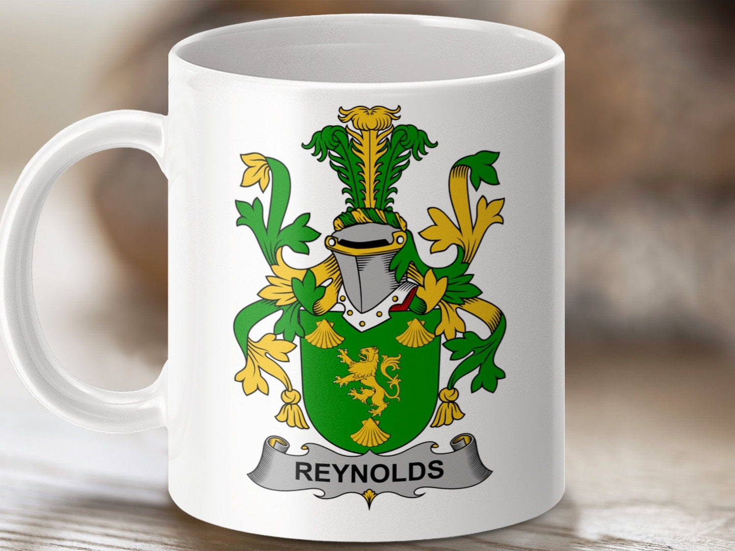 Physical Item 11oz / White Reynolds Surname Irish Heraldry Ceramic Coffee Mug