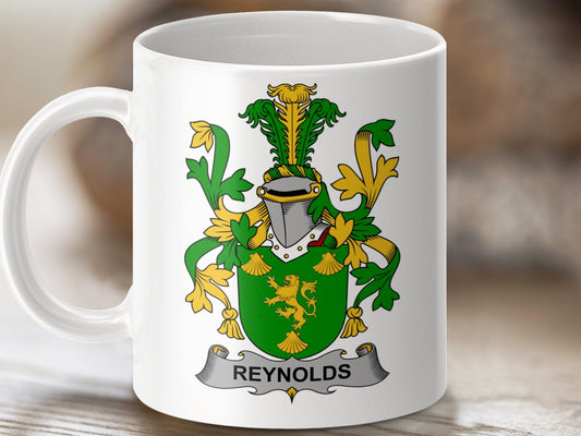 Physical Item 11oz / White Reynolds Surname Irish Heraldry Ceramic Coffee Mug