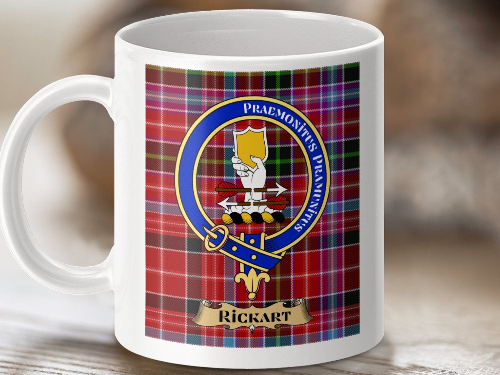 Physical Item 11oz / White Rickart Clan Scottish Tartan Crest Mug