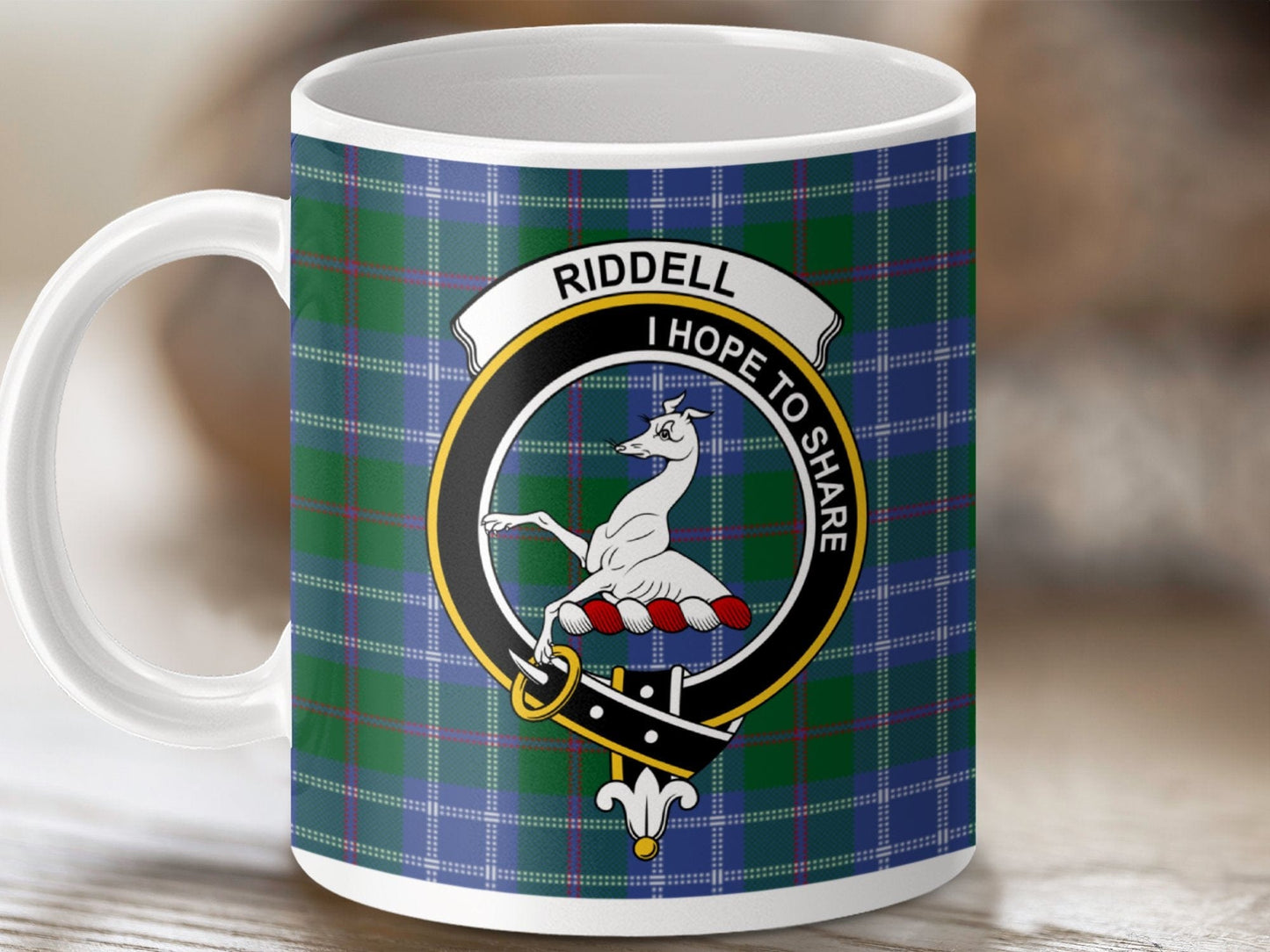 Physical Item 11oz / White Riddell Clan Crest Tartan Scottish Mug