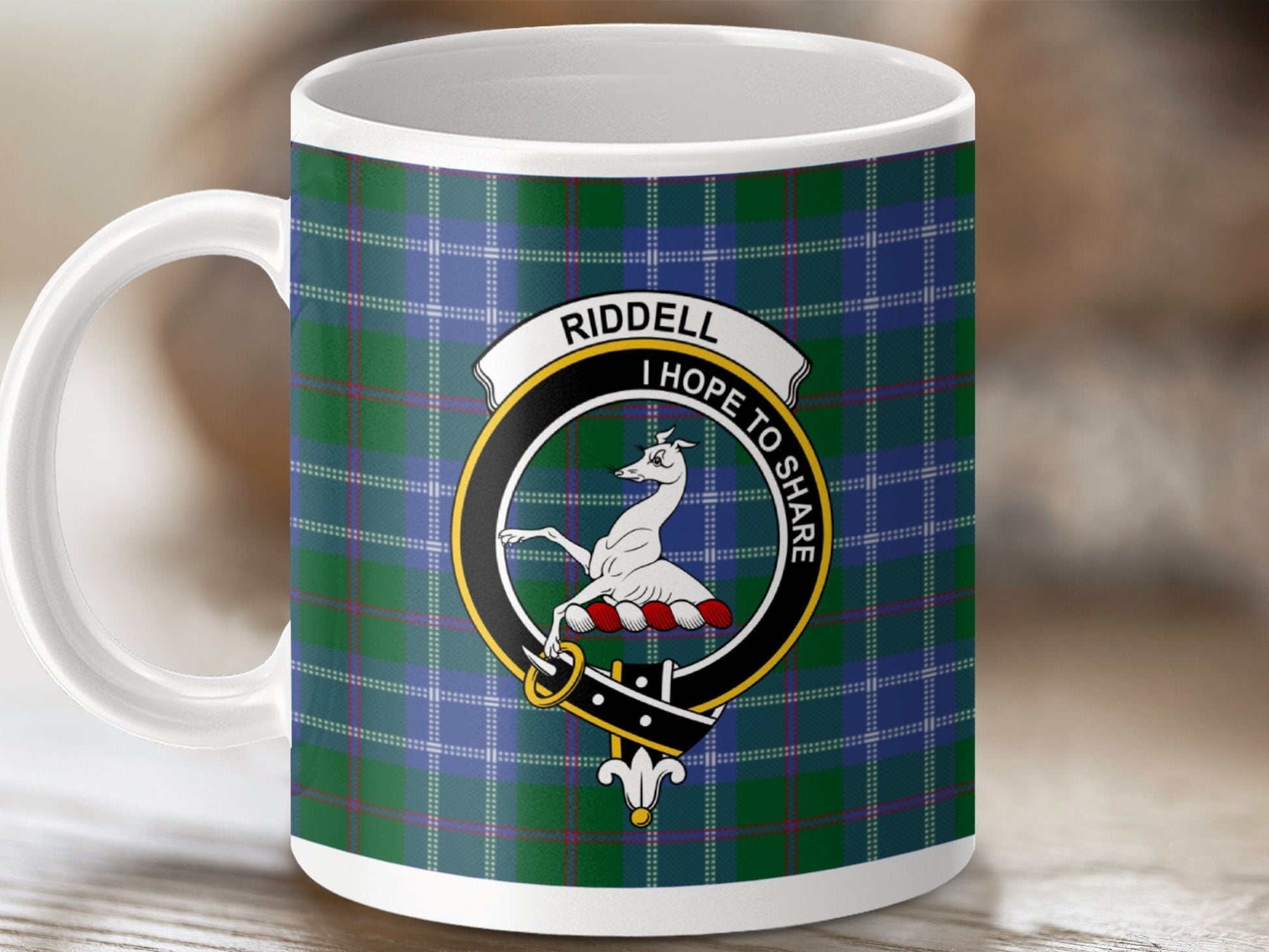 Physical Item 11oz / White Riddell Clan Crest Tartan Scottish Mug