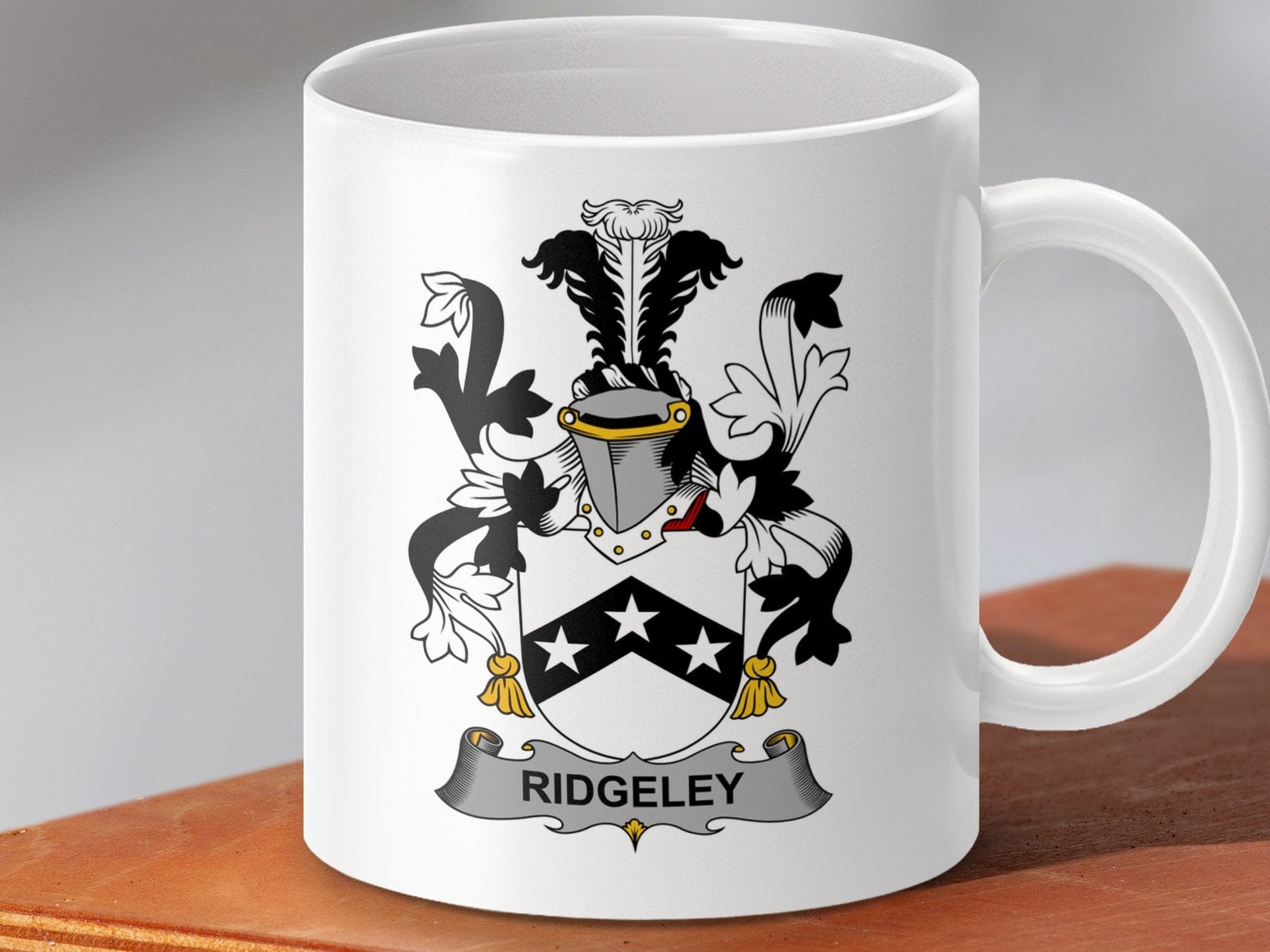 Physical Item 11oz / White Ridgeley Surname Irish Heraldry Ceramic Mug