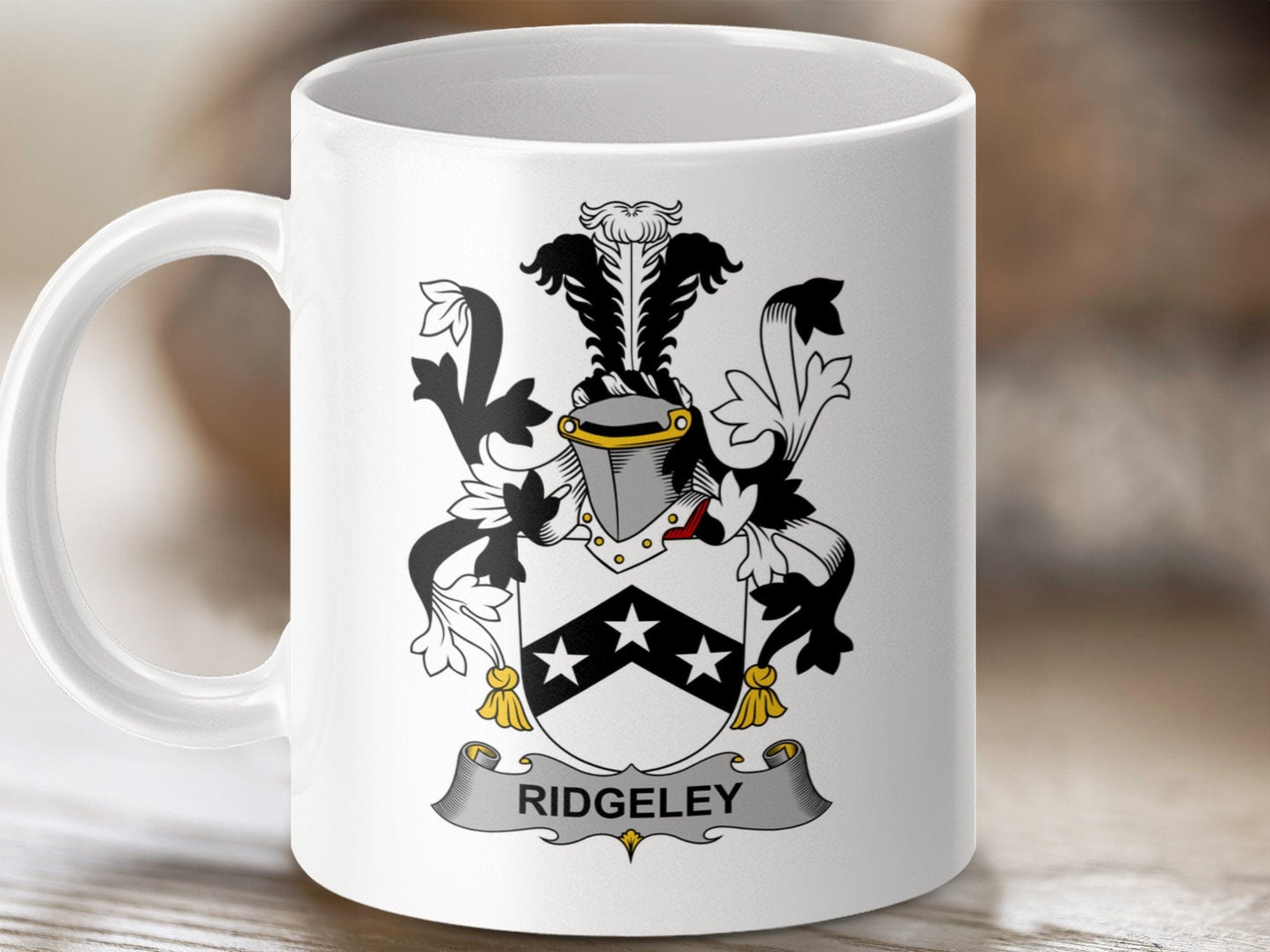 Physical Item 11oz / White Ridgeley Surname Irish Heraldry Ceramic Mug