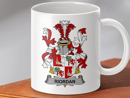 Physical Item 11oz / White Riordan Surname Irish Heraldry Ceramic Mug