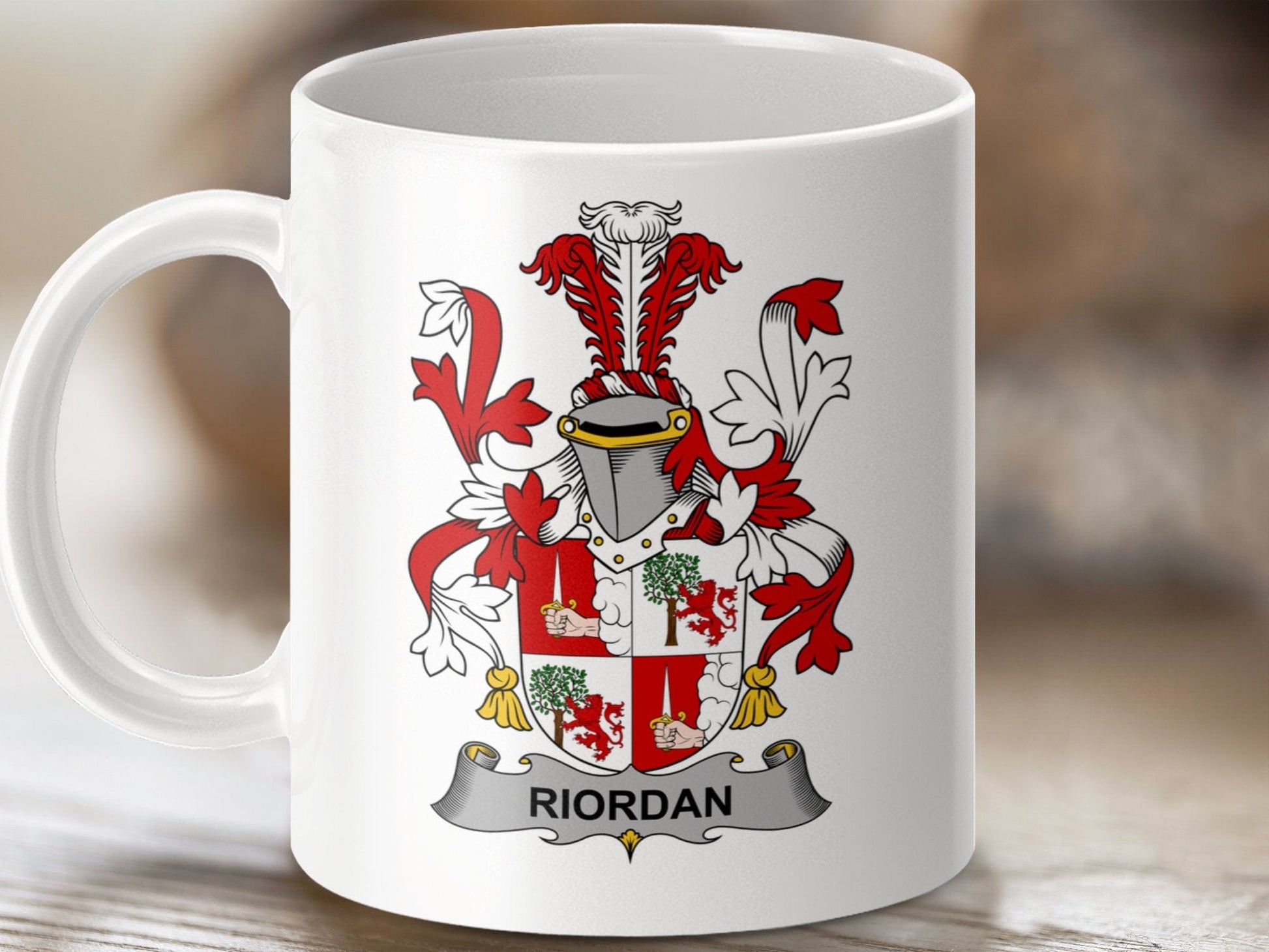 Physical Item 11oz / White Riordan Surname Irish Heraldry Ceramic Mug