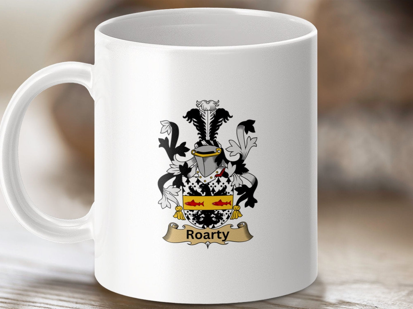 Physical Item 11oz / White Roarty Surname Irish Heraldry Ceramic Mug