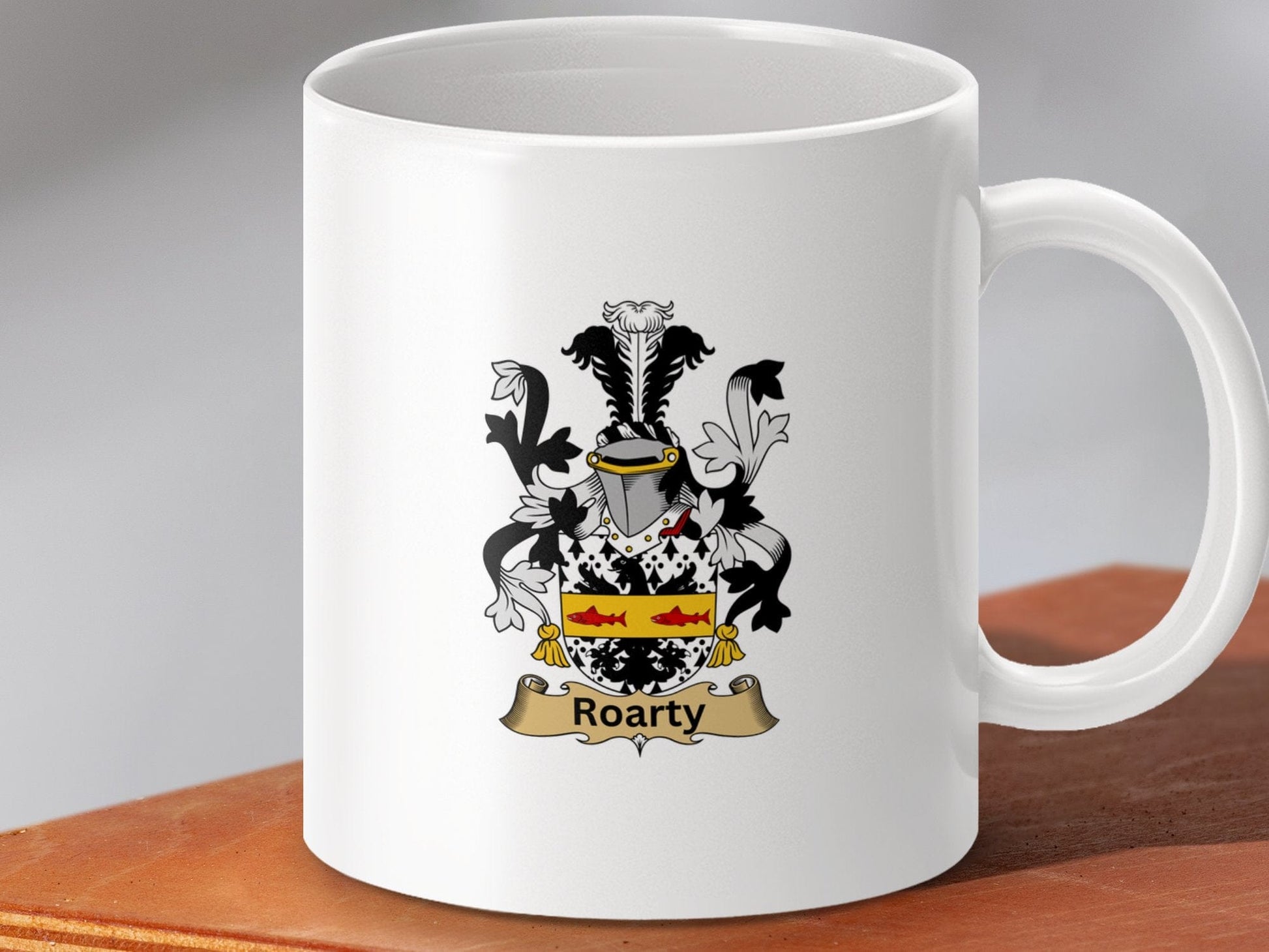 Physical Item 11oz / White Roarty Surname Irish Heraldry Ceramic Mug