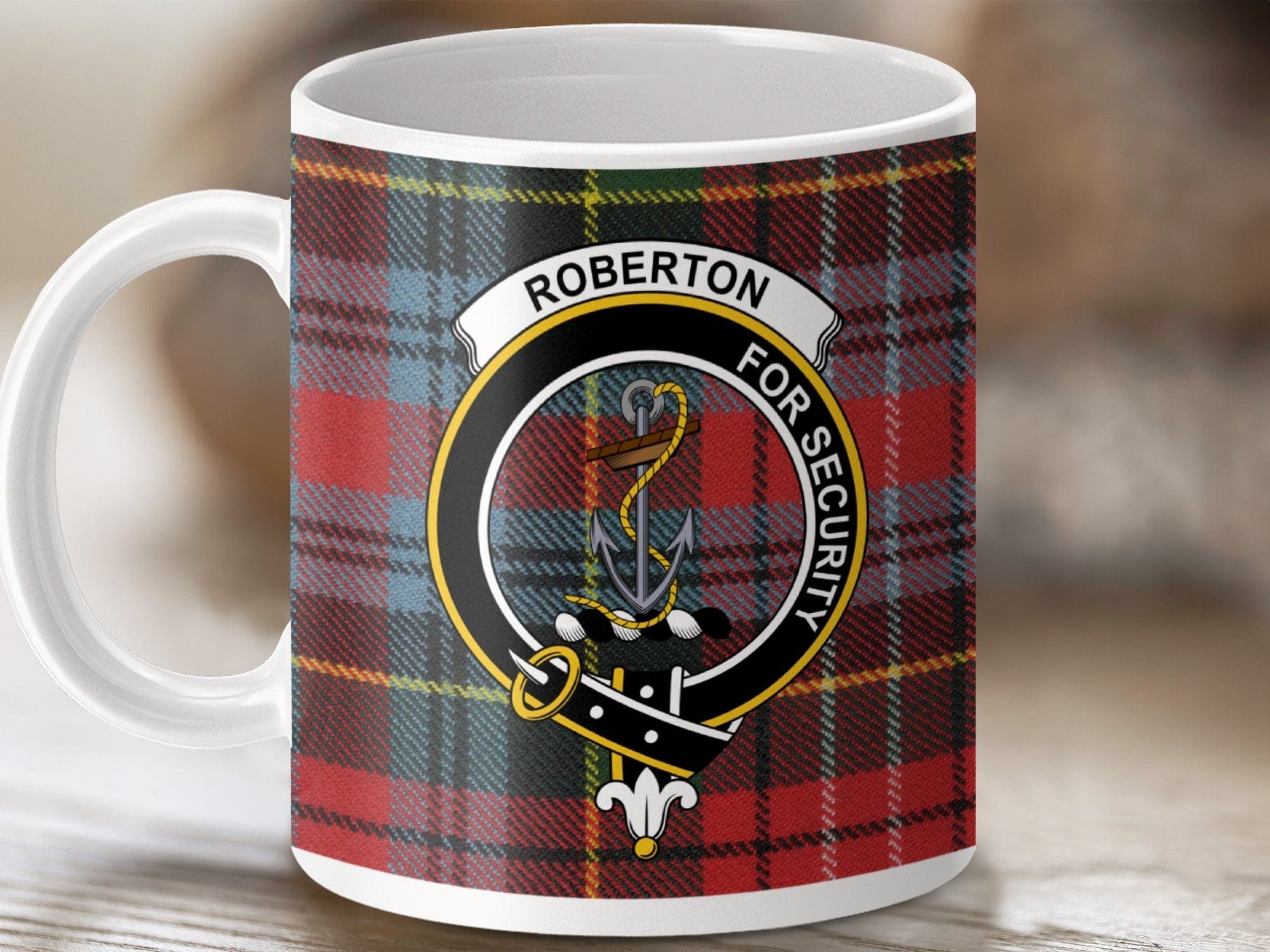 Physical Item 11oz / White Roberton Clan Crest Tartan Scottish Mug