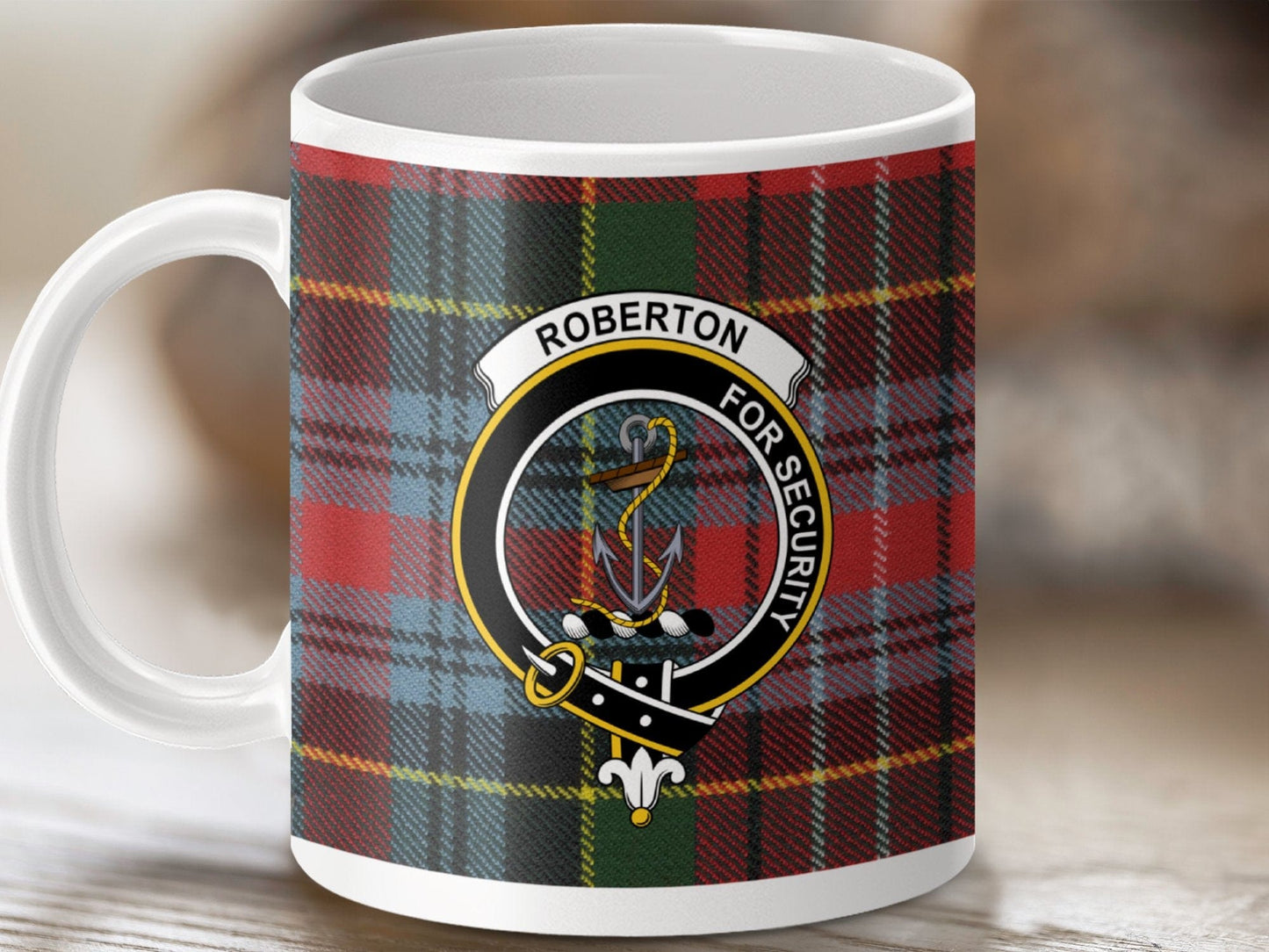 Physical Item 11oz / White Roberton Clan Crest Tartan Scottish Mug