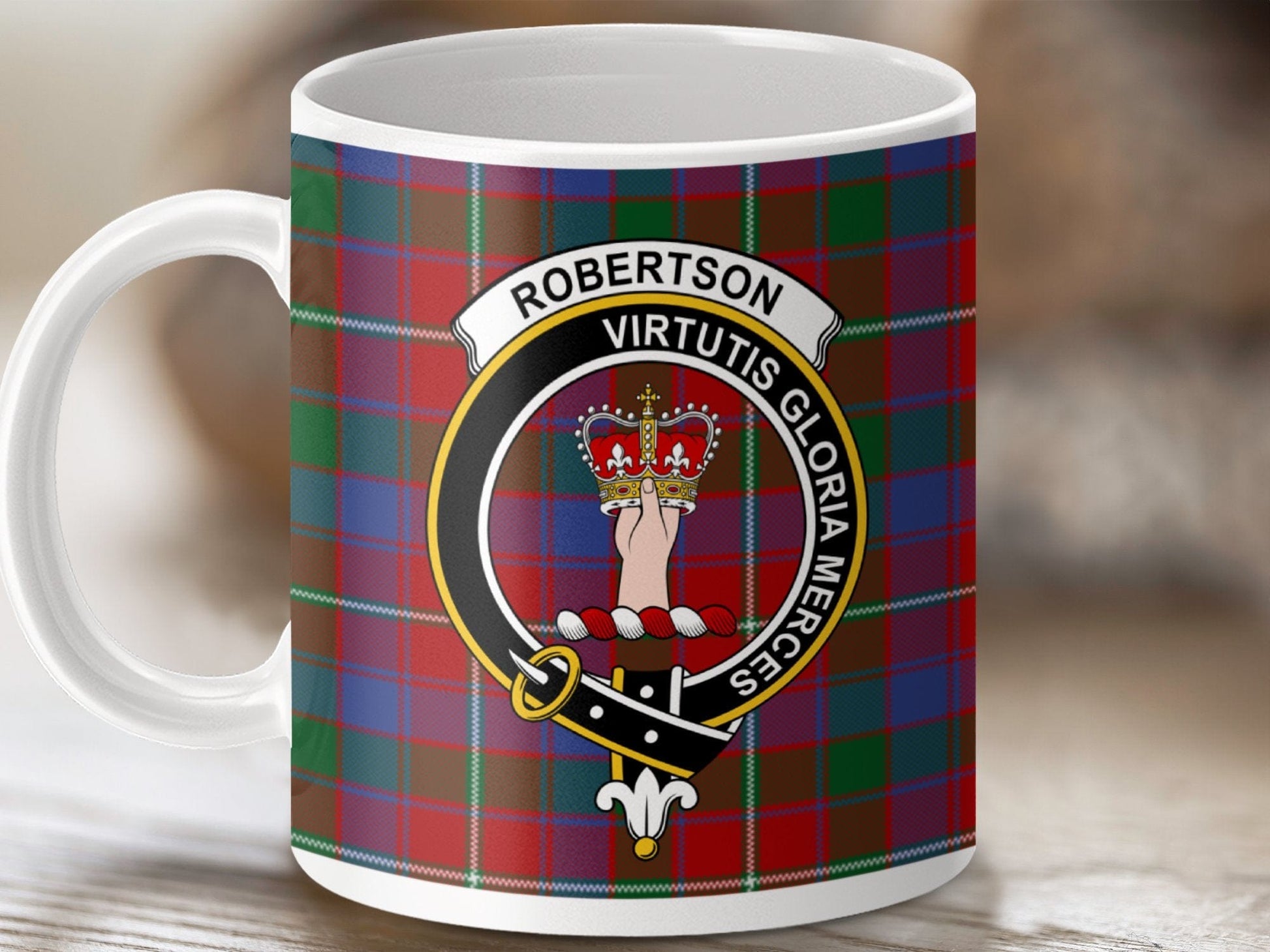 Physical Item 11oz / White Robertson Clan Crest Tartan Scottish Mug