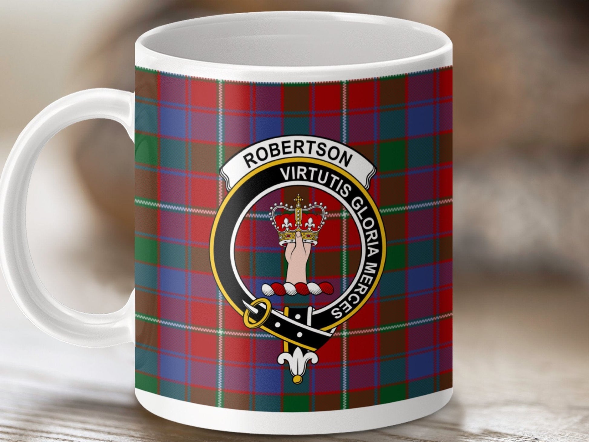 Physical Item 11oz / White Robertson Clan Crest Tartan Scottish Mug