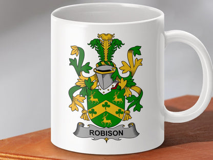 Physical Item 11oz / White Robison Surname Irish Heraldry Ceramic Mug