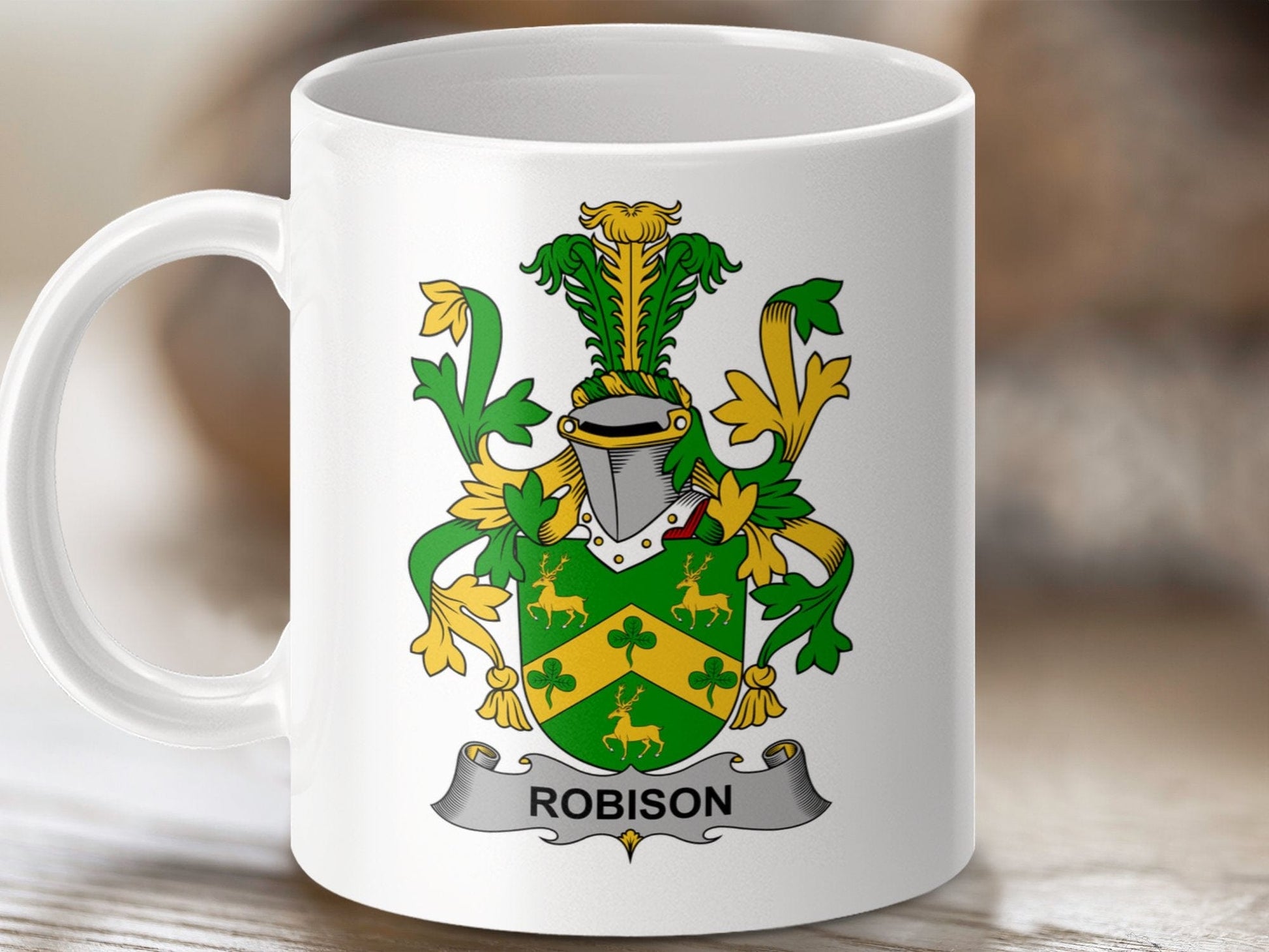 Physical Item 11oz / White Robison Surname Irish Heraldry Ceramic Mug