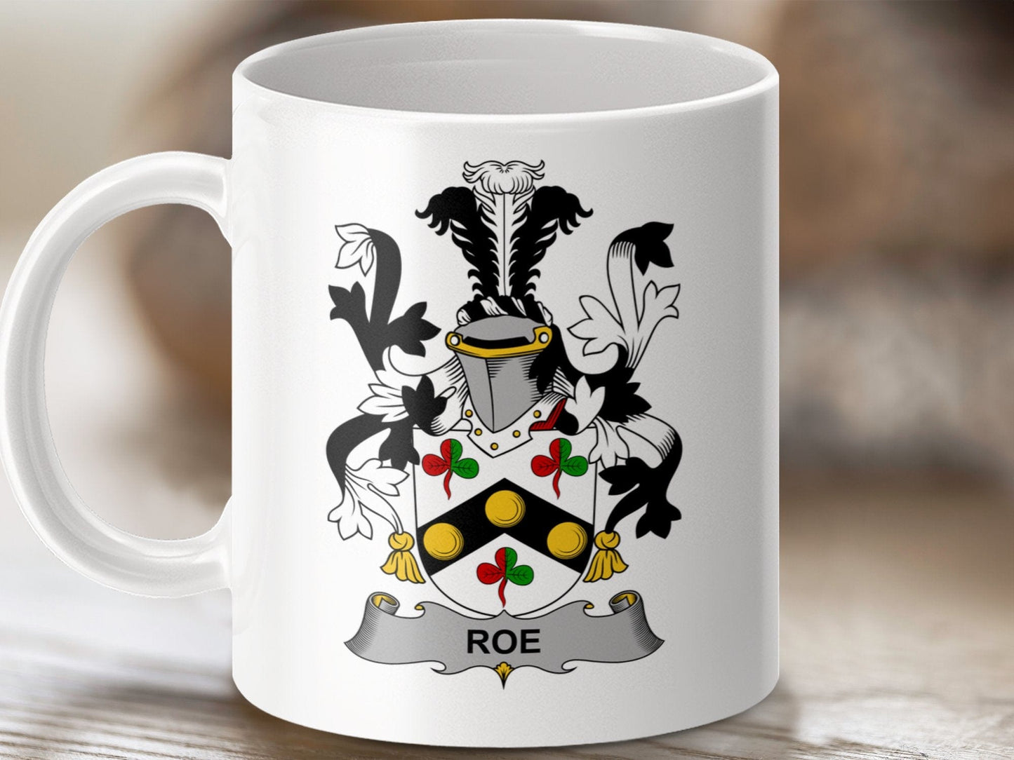 Physical Item 11oz / White Roe Surname Irish Heraldry Ceramic Mug