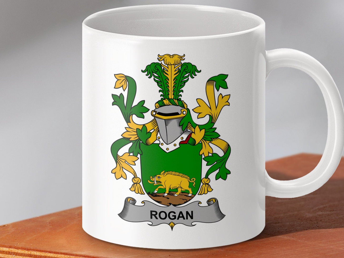 Physical Item 11oz / White Rogan Surname Irish Heraldry Ceramic Mug