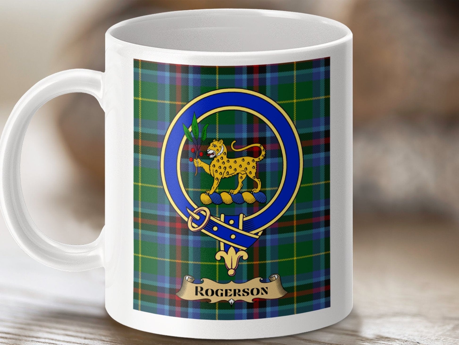 Physical Item 11oz / White Rogerson Clan Scottish Tartan Crest Mug