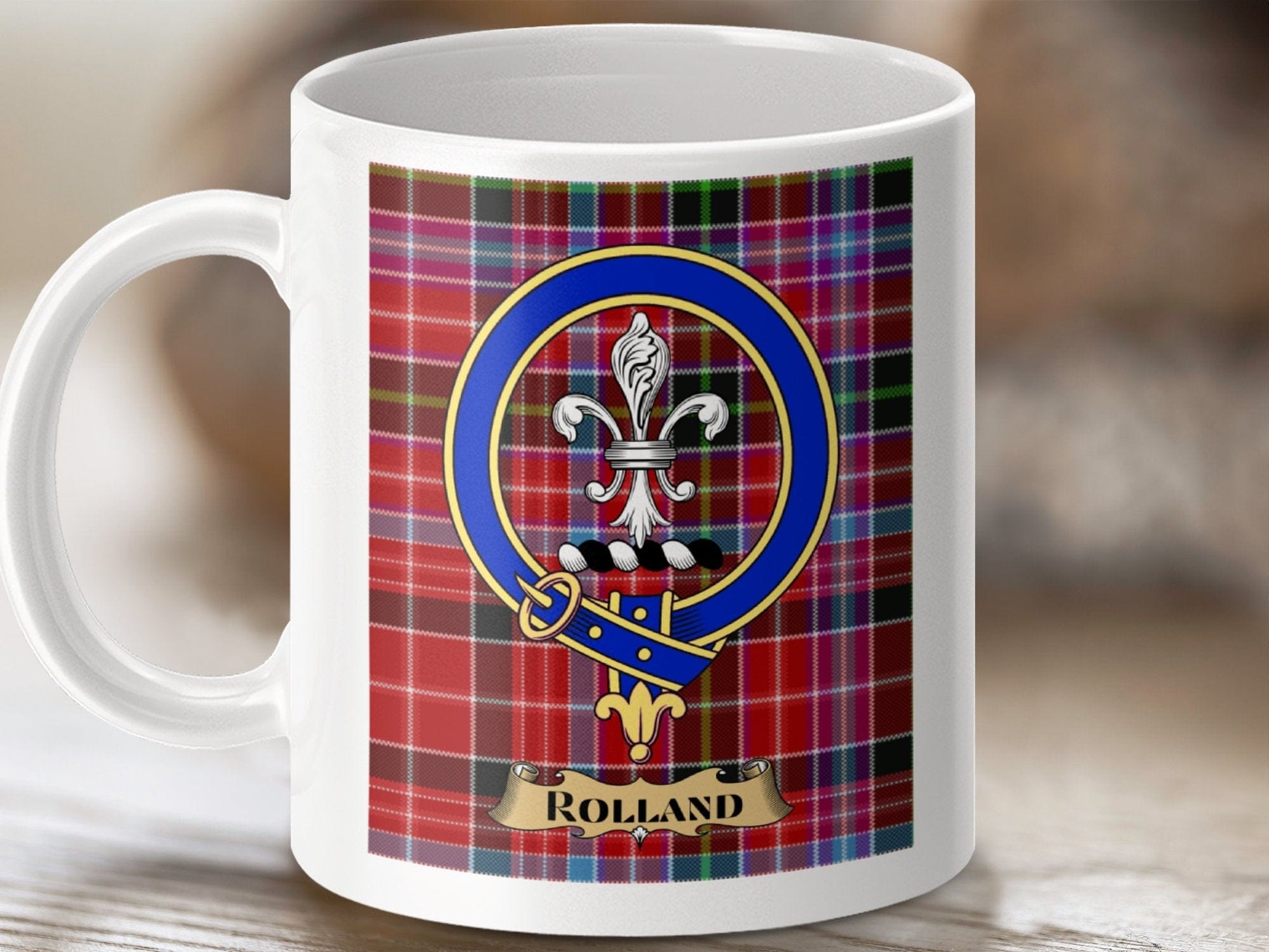 Physical Item 11oz / White Rolland Clan Scottish Tartan Crest Mug