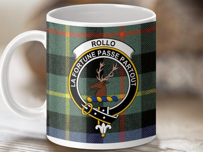 Physical Item 11oz / White Rollo Clan Crest Tartan Scottish Mug