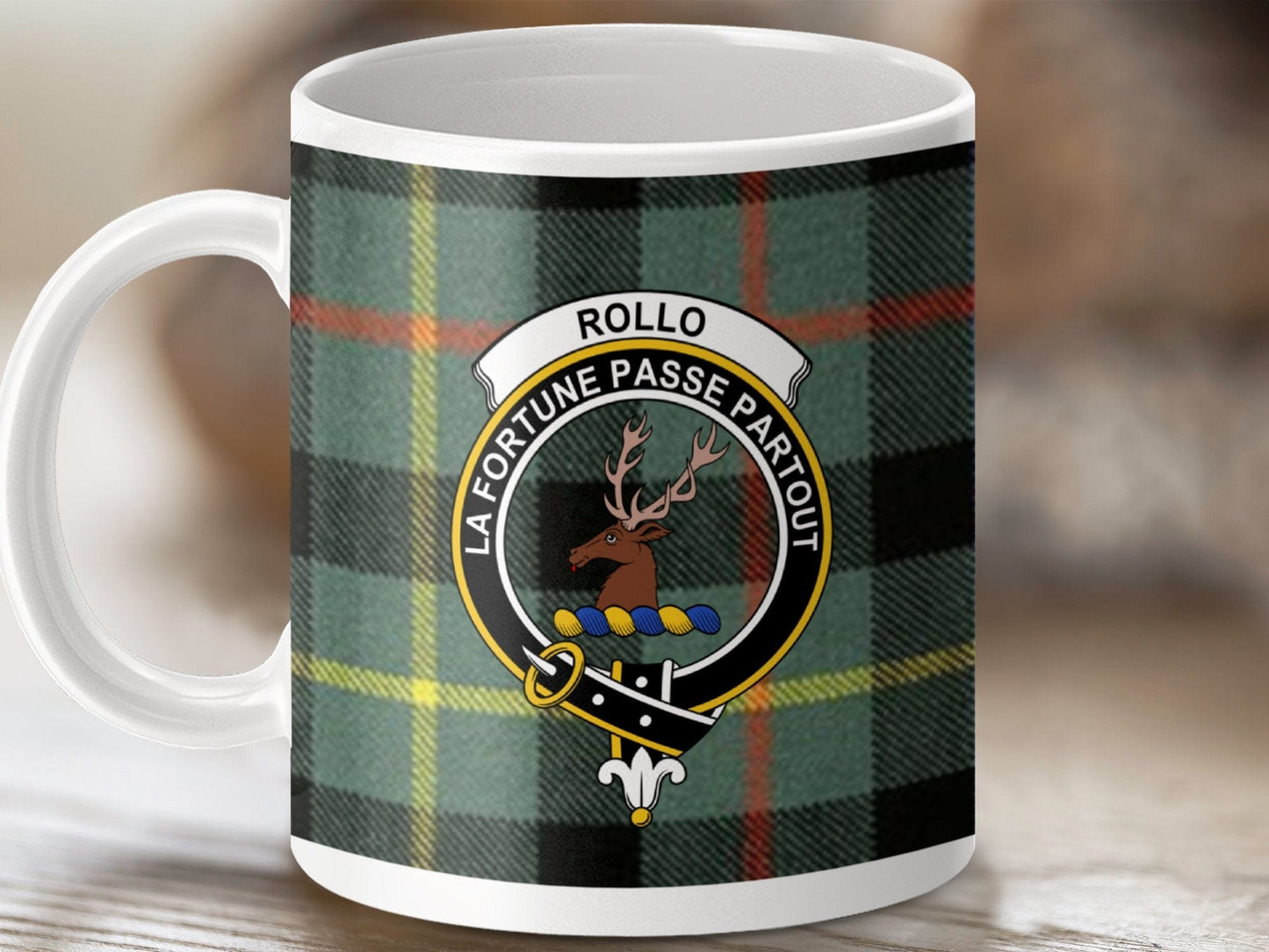 Physical Item 11oz / White Rollo Clan Crest Tartan Scottish Mug