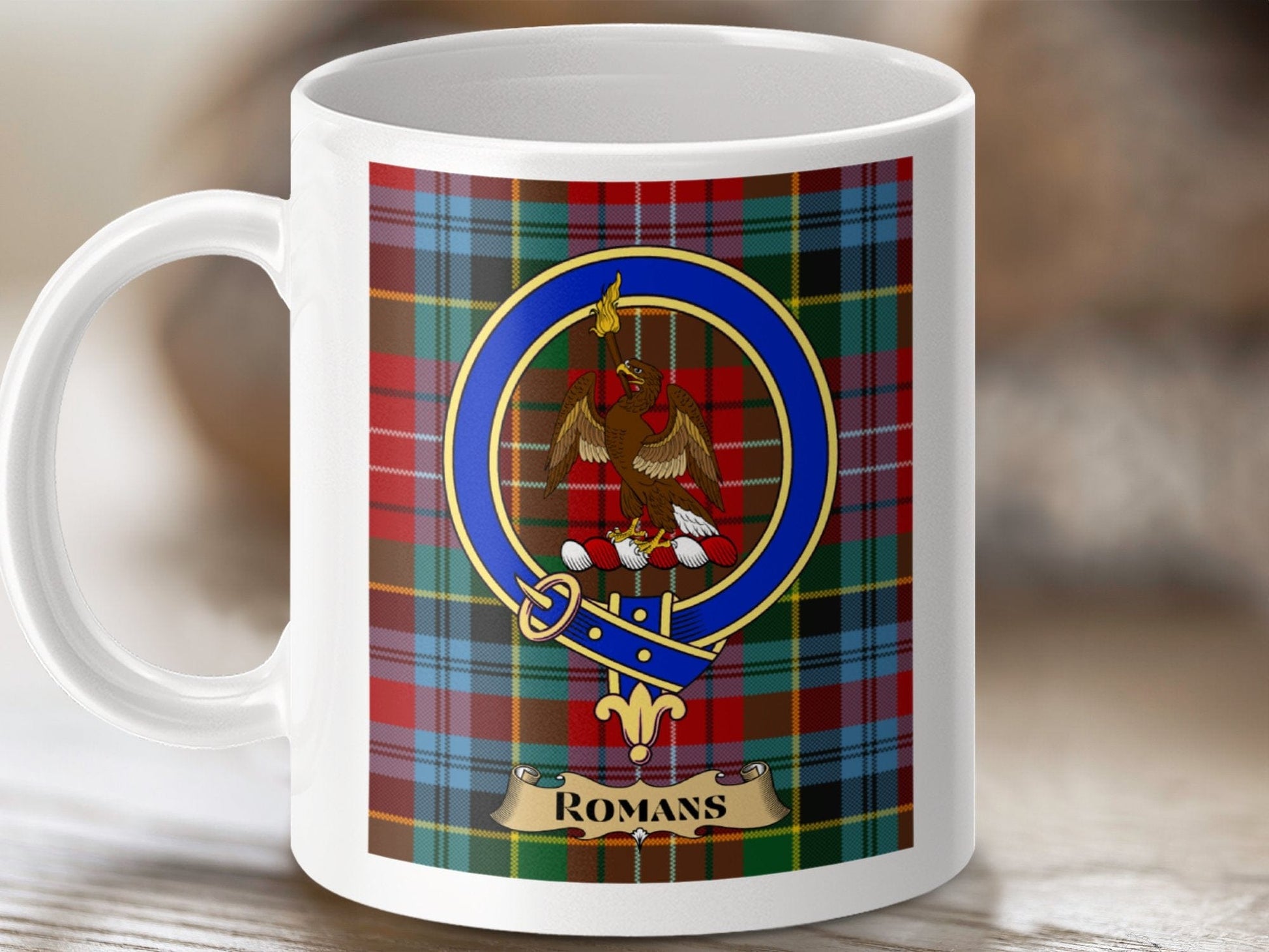 Physical Item 11oz / White Romans Clan Scottish Tartan Crest Mug