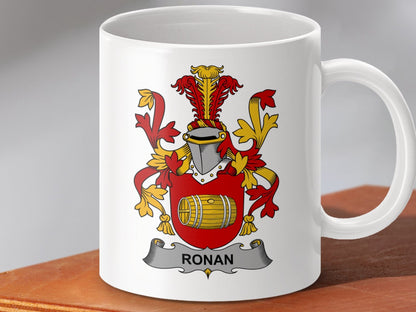 Physical Item 11oz / White Ronan Surname Irish Heraldry Ceramic Mug