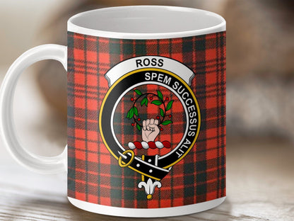 Physical Item 11oz / White Ross Clan Crest Tartan Background Scottish Mug