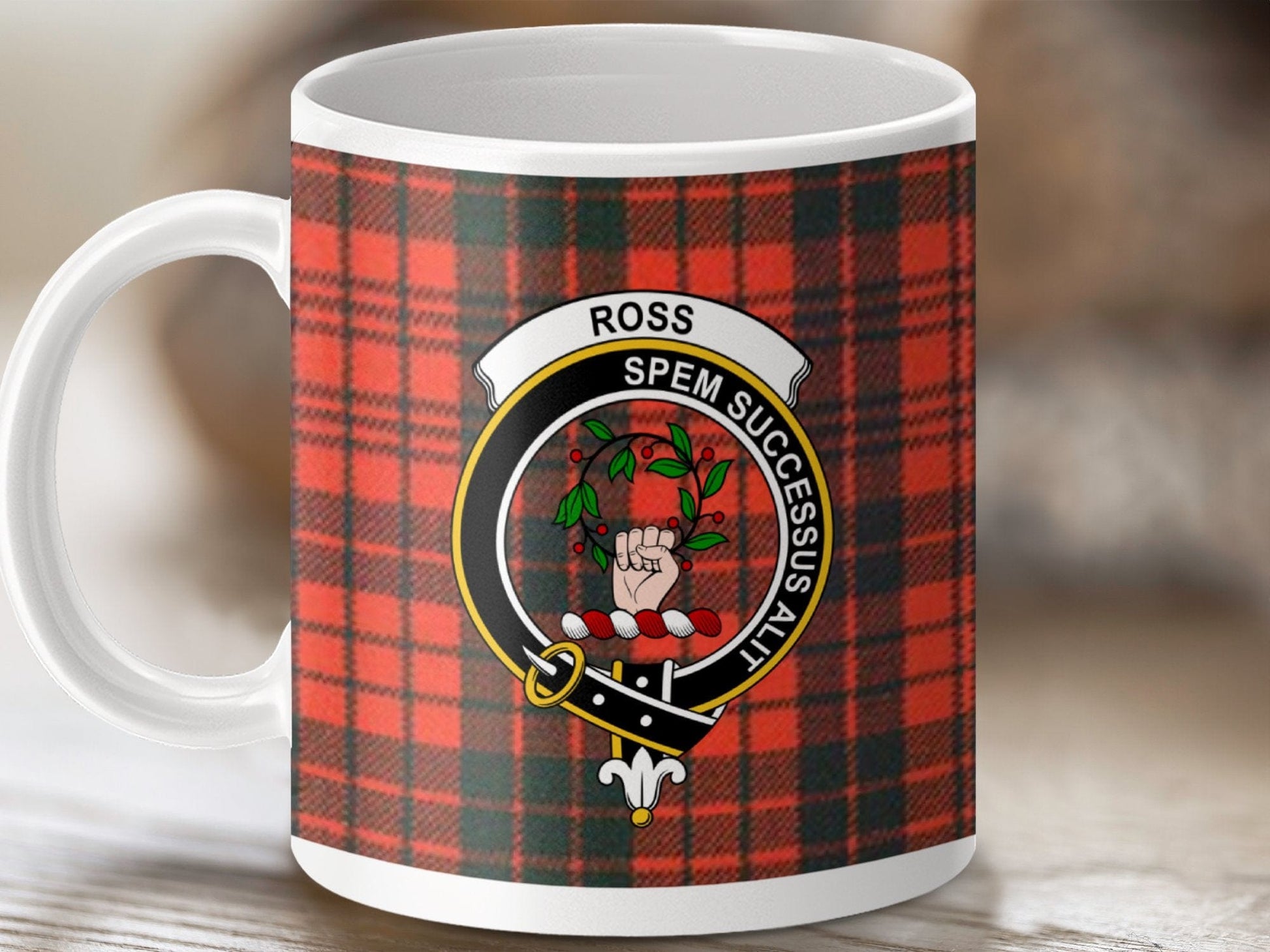 Physical Item 11oz / White Ross Clan Crest Tartan Scottish Mug