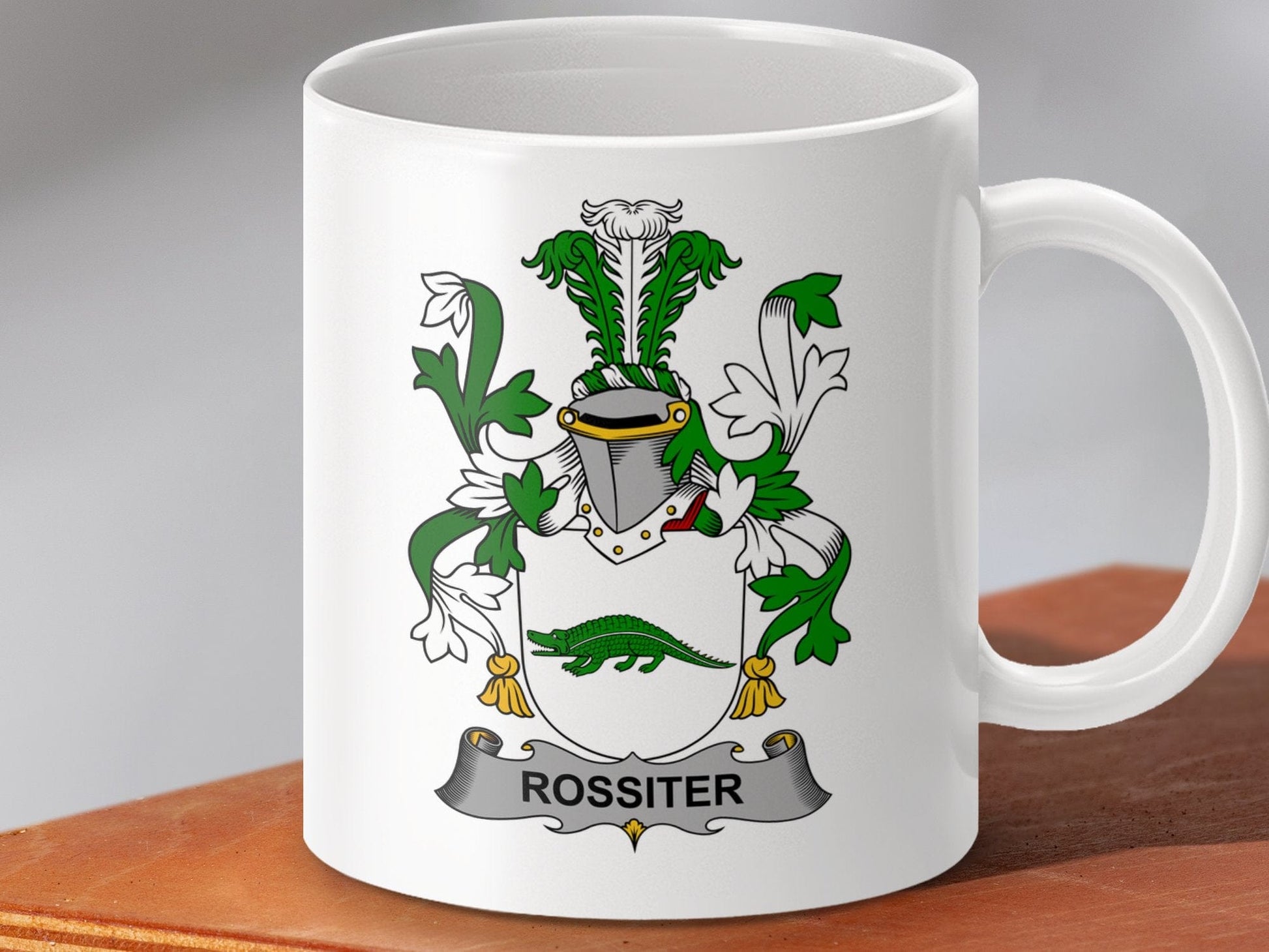 Physical Item 11oz / White Rossiter Surname Irish Heraldry Ceramic Mug