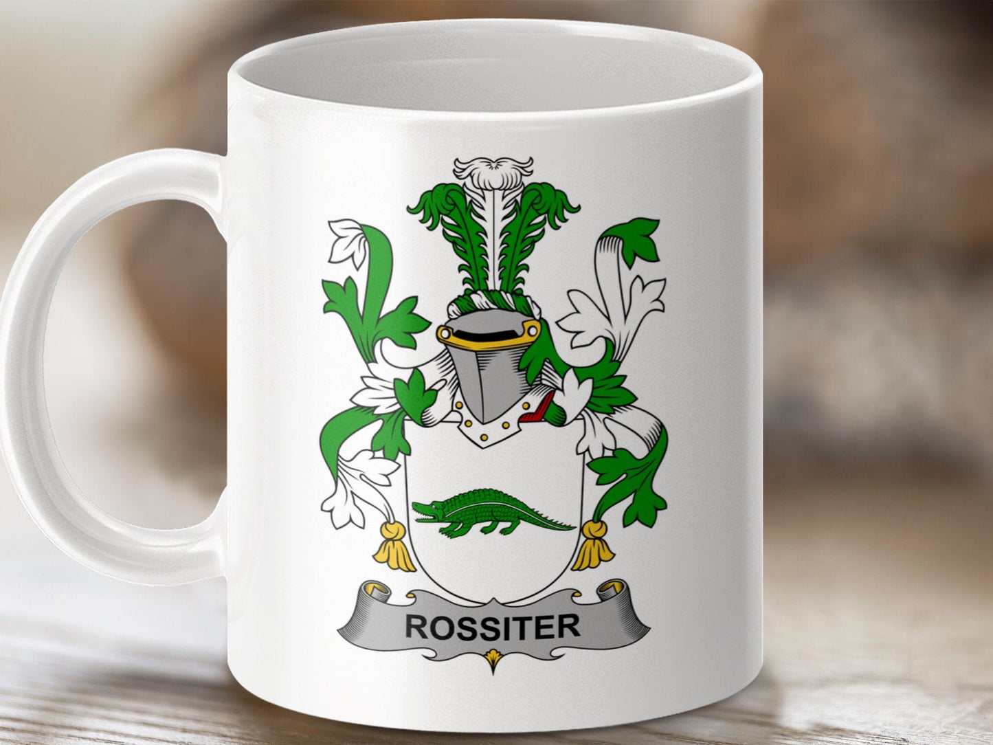 Physical Item 11oz / White Rossiter Surname Irish Heraldry Ceramic Mug