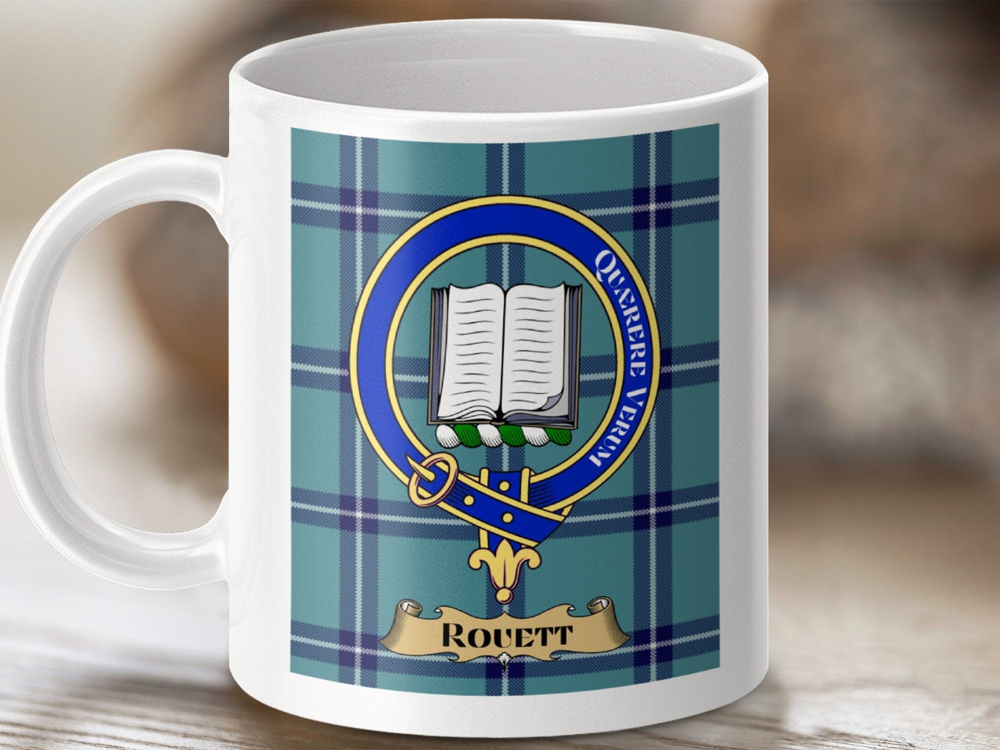 Physical Item 11oz / White Rouett Clan Scottish Tartan Crest Mug