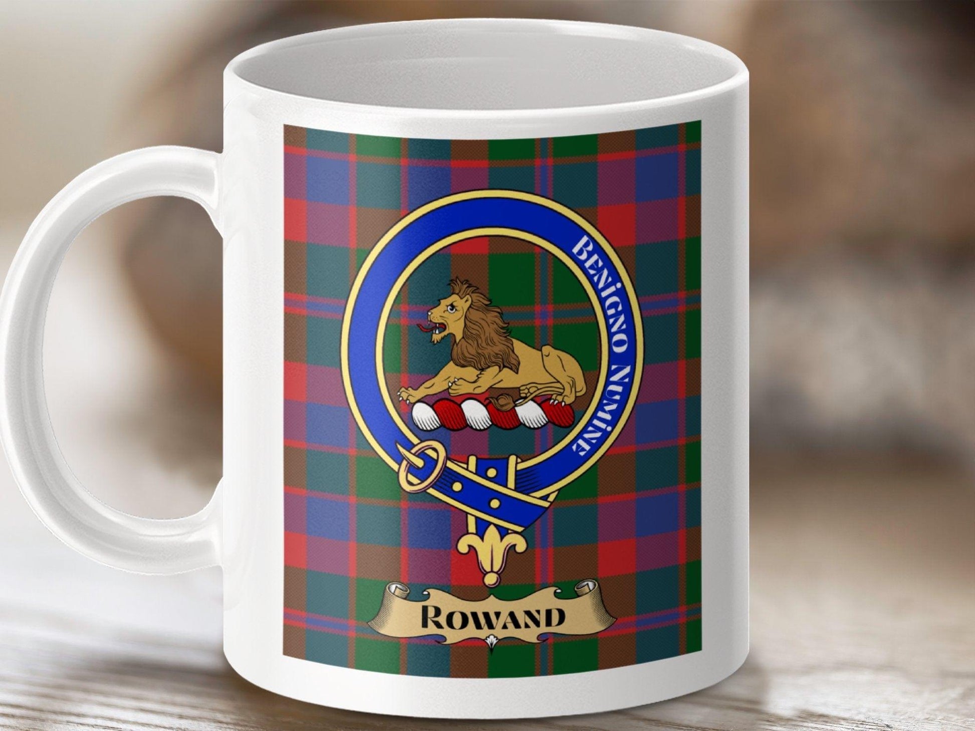 Physical Item 11oz / White Rowand Clan Scottish Tartan Crest Mug