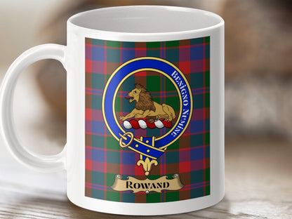 Physical Item 11oz / White Rowand Clan Scottish Tartan Crest Mug