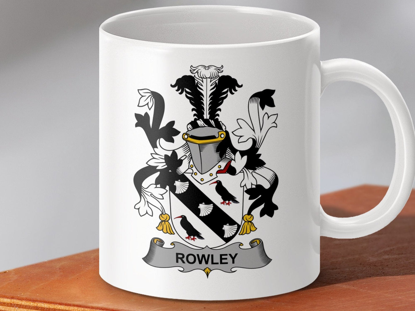 Physical Item 11oz / White Rowley Surname Irish Heraldry Ceramic Mug