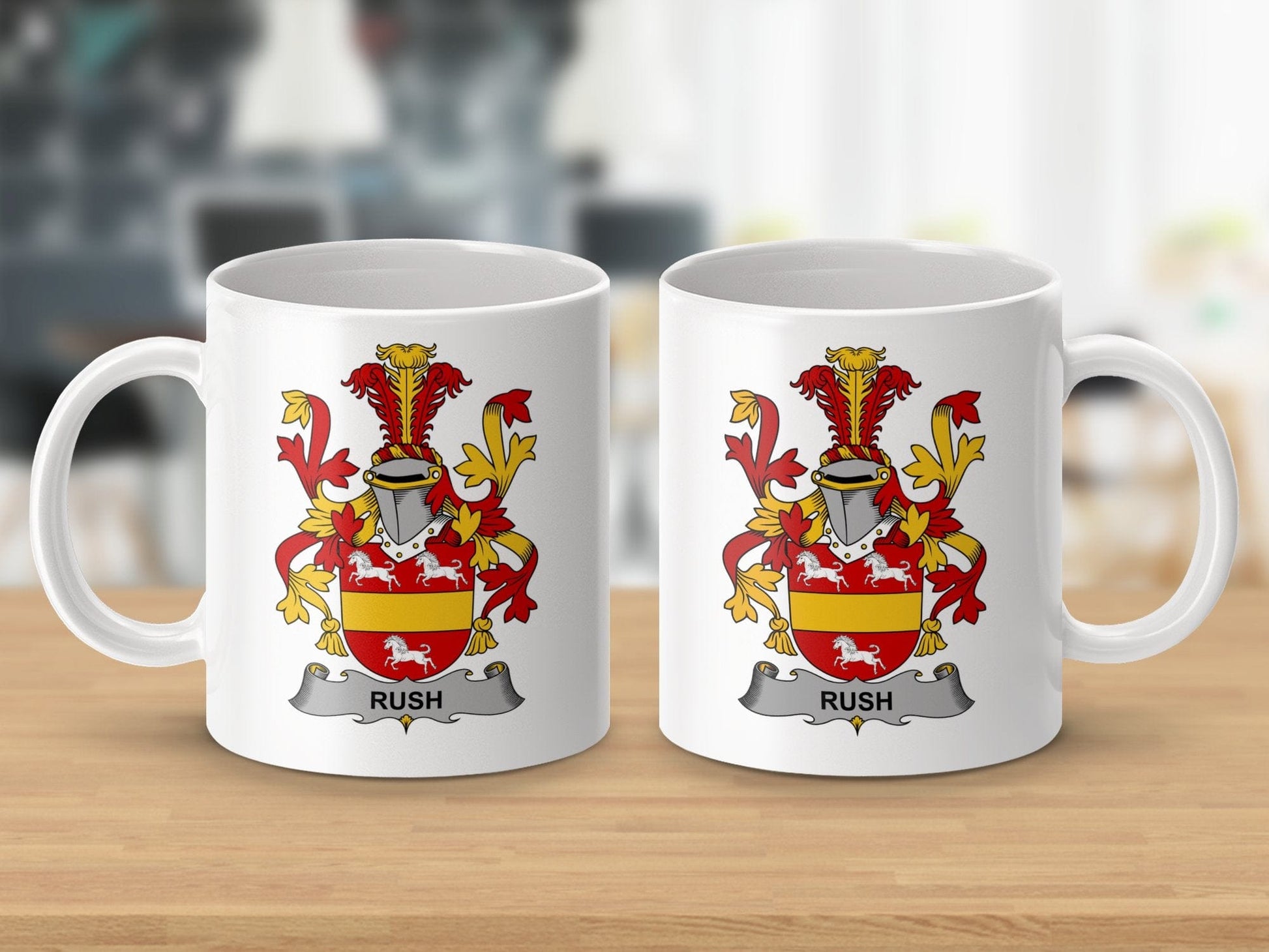 Physical Item 11oz / White Rush Surname Irish Heraldry Ceramic Mug