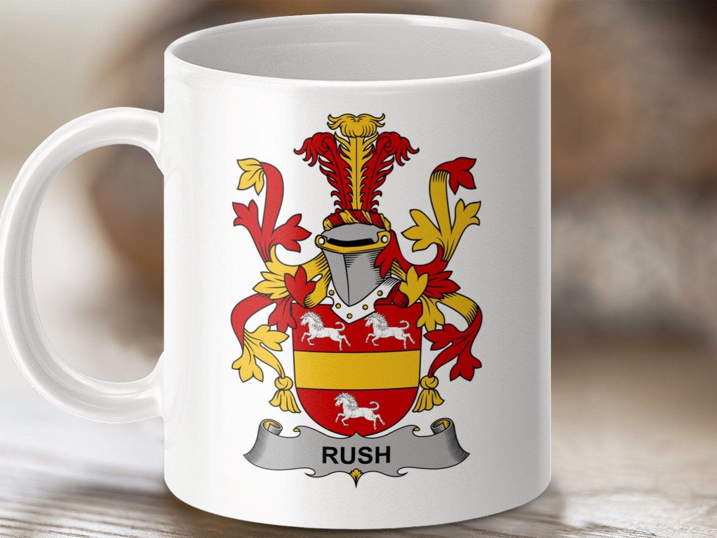 Physical Item 11oz / White Rush Surname Irish Heraldry Ceramic Mug